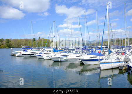 Voiliers amarrés dans le port de plaisance de la Bowness-on-Windermere, dans le Lake District, Cumbria, Angleterre. Banque D'Images