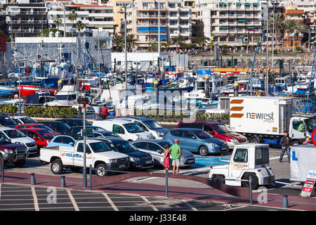 LOS CRISTIANOS, Tenerife, Canaries, Espagne - CIRCA JAN 2016 : les véhicules et les passagers à bord d'attendre dans la zone de pré-embarquement. L'Expres Fred Olsen Banque D'Images