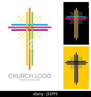 Logo de l'église. Symboles chrétiens. La croix de Jésus, rayures multicolores et les rayons lumineux. Illustration de Vecteur