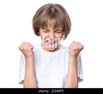 Petite fille en blanc T-shirt Banque D'Images