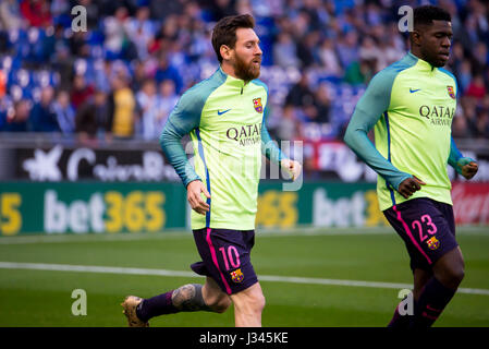 Barcelone - APR 29 : Lionel Messi joue au match de la Liga entre l'Espanyol et le FC Barcelone au stade RCDE Le 29 avril 2017 à Barcelone, Spai Banque D'Images