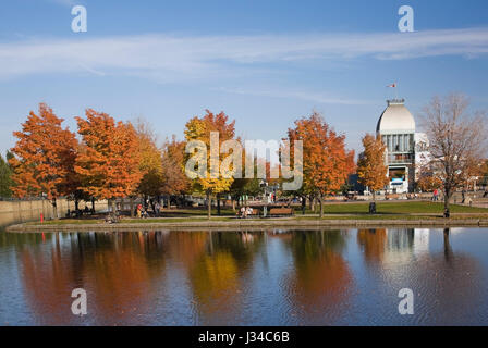 Rangée de maple Acer arbres se reflétant dans le Bassin Bonsecours et pavillon en automne, Vieux Port de Montréal, Québec, Canada. Banque D'Images