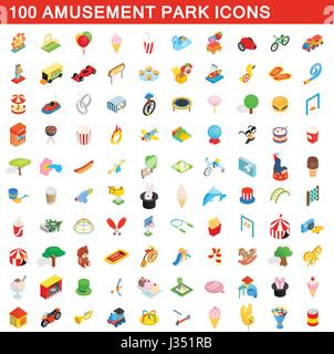 100 parc d'icons set style 3D isométrique, Illustration de Vecteur