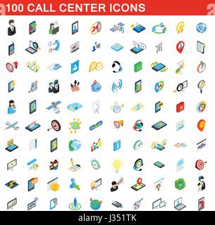 Centre d'appel 100 icons set, style 3D isométrique Illustration de Vecteur