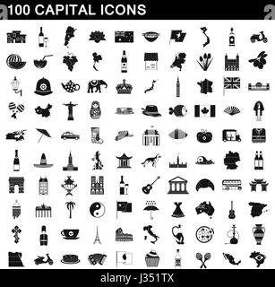 Capital 100 icons set, le style simple Illustration de Vecteur