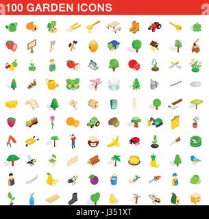 Jardin 100 icons set, style 3D isométrique Illustration de Vecteur