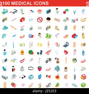 100 medical icons set, style 3D isométrique Illustration de Vecteur