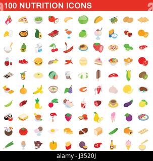 Nutrition 100 icons set, style 3D isométrique Illustration de Vecteur