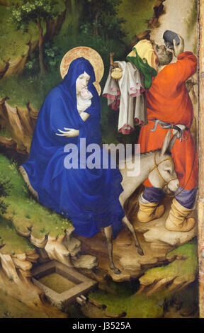 Fuite en Égypte. Tableau de peintre Melchior Broederlam Renaissance flamande (1398) sur l'aile droite du retable de la Crucifixion de La Chartreuse de Champmol par sculpteur Renaissance flamande Jacques de Baerze (1399) sur l'affichage dans le Musée des Beaux-Arts de Dijon (Musée des beaux-arts) à Dijon, Bourgogne, France. Banque D'Images