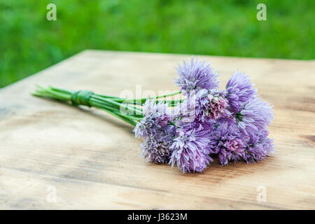 Ciboulette fleurs attachées dans un snop sur une planche à découper en bois naturel Banque D'Images