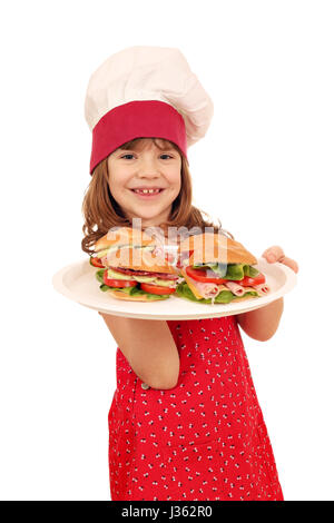 Happy little girl cook avec sandwiches Banque D'Images