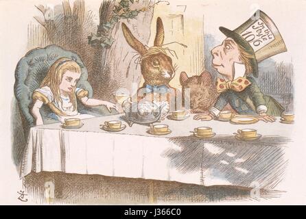 Illustration par Sir John Tenniel, aquarelle de Gertrude Thomson La Pépinière Alice (Alice au Pays des Merveilles), de Lewis Carroll, Londres, 1889 MacMilllan. Thé du Chapelier fou. La Pépinière Alice était une version abrégée d'Alice au Pays des merveilles pour les enfants âgés entre 0 et 5 ans. Banque D'Images