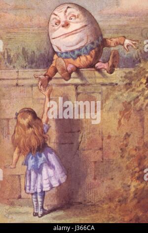 Illustration par Sir John Tenniel, aquarelle Gertrude Thomson La Pépinière Alice (Alice au Pays des Merveilles), de Lewis Carroll, Londres, 1889 MacMilllan. Alice avec Humpty Dumpty. La Pépinière Alice était une version abrégée d'Alice au Pays des merveilles pour les enfants âgés entre 0 et 5 ans. Banque D'Images