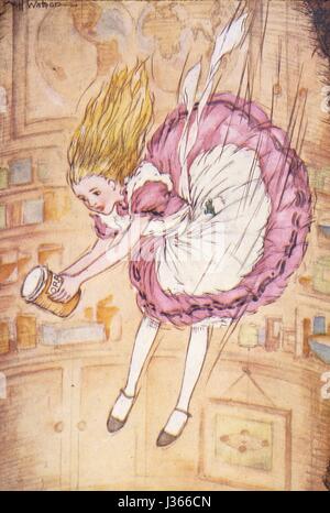Illustration par A.H. Watson Alice au Pays des Merveilles, et dans de l'autre côté, (Alice au Pays des merveilles de Lewis Carroll), London, Collins, 1937. Alice tomber vers le bas le trou de lapin. Banque D'Images