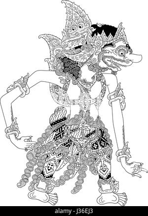 Brajadenta, un personnage de spectacle de marionnettes traditionnelles, wayang kulit de Java en Indonésie. Illustration de Vecteur