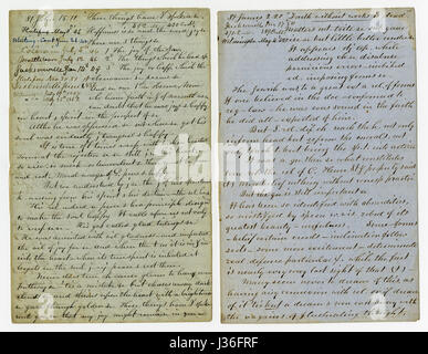 Meubles anciens c1860 d'un sermon écrit main voyageant prédicateur. Celle sur la gauche s'inspire de Jean 15:11 "Je vous ai dit ces choses, afin que ma joie peuvent rester en vous, et que votre joie soit complète." L'un sur la droite s'inspire de Jacques 2:20 "mais veux-tu savoir, ô homme vain, que la foi sans les œuvres est morte ?Ó le coin supérieur gauche de chaque liste d'un groupe de villages (Up & Down côte est des États-Unis à Halifax, Canada) où le sermon a été lu dans les années 1850 et 1860. Banque D'Images