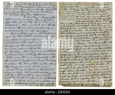 Meubles anciens c1860 d'un sermon écrit main voyageant prédicateur. Celle sur la gauche s'inspire de Psaumes 84:11 "Car le Seigneur Dieu est un soleil et un bouclier ; l'Éternel donnera la grâce et la gloire : pas de bonne chose va-t-il cacher à ceux qui marchent dans l'.' l'un sur la droite puise dans Psaumes 46:4 "Il y a une rivière, l'eau de quoi se faire plaisir la cité de Dieu, le lieu saint du tabernacle du très haut." Le coin supérieur gauche de chaque liste d'un groupe de villages (Up & Down côte est des États-Unis à Halifax, Canada) où le sermon a été lu dans les années 1850 et 1860. Banque D'Images