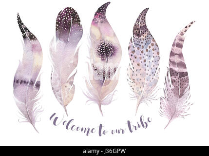 Hand drawn aquarelles plume vibrante set. Style Boho Banque D'Images