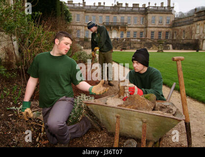 Tom Underwood (plain hat) et ben lewis qui sont détenus d'Ashfield jeunes délinquants institut travaillant dans Dyrham Park, avec Nathan bengey (striped hat) Banque D'Images