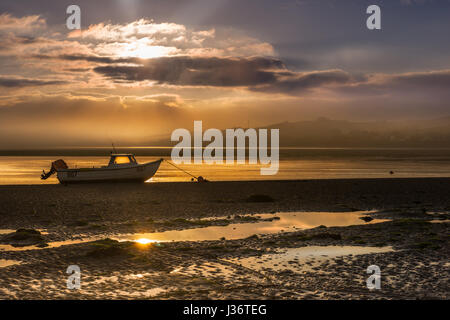 Rouleaux de brume à travers le village de North Devon Instow que le soleil perce brièvement les nuages bas à l'aube, au début de mai. Banque D'Images