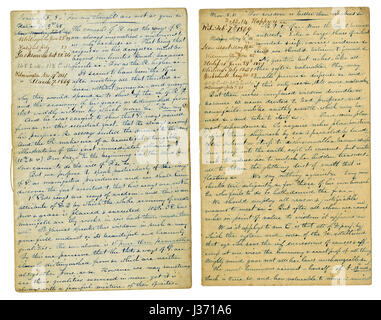 Meubles anciens c1860 d'un sermon écrit main voyageant prédicateur. Celle sur la gauche s'inspire d'Ésaïe 55:8 "Car mes pensées ne sont pas vos pensées, Et vos voies ne sont pas mes voies, Dit le Seigneur." L'un sur la droite s'inspire de Proverbes 8:11 "Pour la sagesse est meilleure que les rubis, et toutes les choses qui peuvent être souhaitables, ne doivent pas être comparé à lui." Le coin supérieur gauche de chaque liste d'un groupe de villages (Up & Down côte est des États-Unis à Halifax, Canada) où le sermon a été lu dans les années 1850 et 1860. Banque D'Images