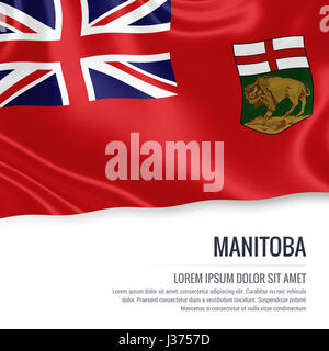 L'état canadien de brandir le drapeau du Manitoba sur un cas isolé sur fond blanc. Nom de l'état et la zone de texte pour votre message. Banque D'Images