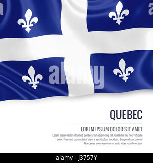 L'état canadien de brandir le drapeau du Québec sur un fond blanc. Nom de l'état et la zone de texte pour votre message. Banque D'Images