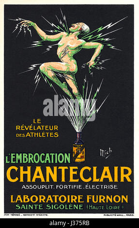 Carte postale française Vintage advertising Chanteclair Liniment, illustré par Michel Liebeaux (1881-1923). La carte postale est dérivé d'une affiche d'abord publié en 1920 environ. Banque D'Images