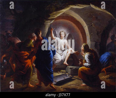 Cette peinture de Daniel Sarrabat représente des femmes saintes au tombeau du Christ, capturant un moment de vénération et de tristesse. Il reflète l'art religieux de la période baroque, en mettant l'accent sur l'expression dramatique et la spiritualité. Banque D'Images