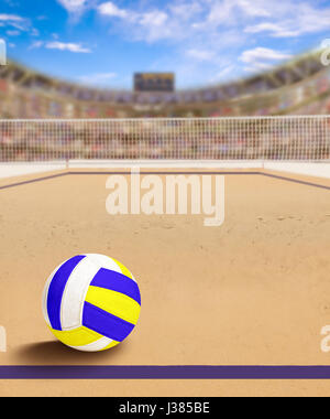 Piscine beach volley arena pleine de fans dans les peuplements avec ball sur sable. L'accent sur délibérée ball et profondeur de champ sur le contexte et les cop Banque D'Images