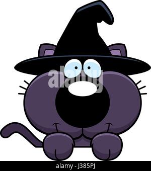 Illustration d'une caricature d'un chat dans un chapeau de sorcière jeter sur un objet. Illustration de Vecteur