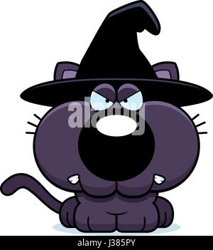 Illustration d'une caricature d'un chat dans un chapeau de sorcière avec une expression de colère. Illustration de Vecteur