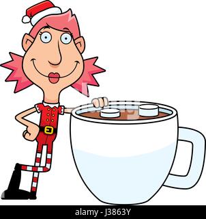 Une illustration d'un dessin de lutin de Noël femme avec une tasse de chocolat chaud. Illustration de Vecteur