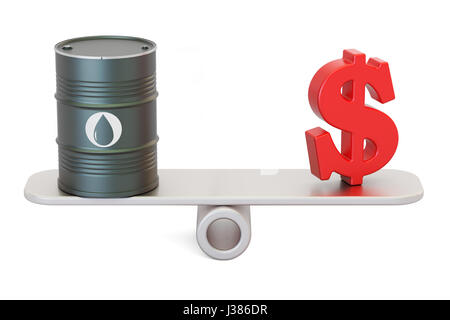 Le baril de pétrole et dollar sur balançoir, rendu 3D isolé sur fond blanc Banque D'Images