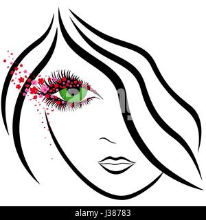 Abstract girl face élégant avec des yeux verts et de la bouillie rose et rouge fleurs sakura sur les cils, dessin à la main vector illustration Illustration de Vecteur