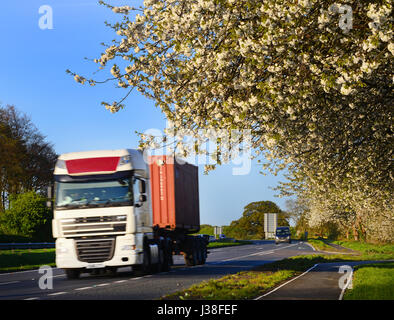 Camion passant route cherry blossom yorkshire royaume uni Banque D'Images