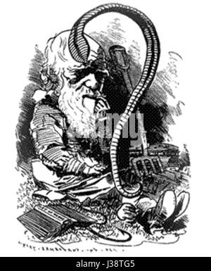 Cette caricature de Charles Darwin reflète une interprétation humoristique et exagérée du célèbre naturaliste, probablement créé à des fins satiriques. Banque D'Images