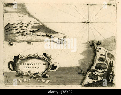 La carte Dardanelli di Lepanto de Vincenzo Coronelli, créée en 1688, représente la bataille navale de Lepanto, un événement important dans l'histoire européenne et ottomane. La carte fournit un aperçu détaillé des lieux et des stratégies impliqués dans la bataille. Banque D'Images