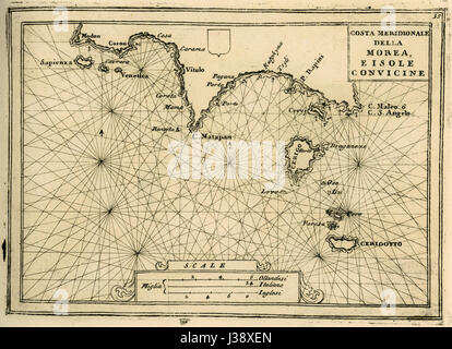La carte « Costa Meridionale della Morea e isole baginine » de Vincenzo Coronelli, créée en 1688, représente la côte sud de la péninsule de Morée et les îles environnantes, offrant une vue historique des caractéristiques géographiques de la région à la fin du XVIIe siècle. Banque D'Images
