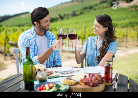 Smiling couple toasting verres à vin tout en étant assis à table avec vignoble en arrière-plan Banque D'Images