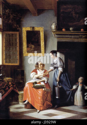 Cette peinture de 1670 de Pieter de Hooch, intitulée « la femme remet de l'argent à son serviteur », représente une scène domestique mettant en valeur l'attention du maître néerlandais pour la lumière et la vie quotidienne au XVIIe siècle. Banque D'Images