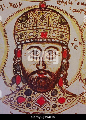 Ce portrait miniature de Constantin XI Paléologue, le dernier empereur byzantin, capture sa ressemblance en tant que personnage historique à la chute de Constantinople en 1453, symbolisant la fin de l'Empire byzantin. Banque D'Images