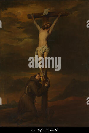 Ce titre fait référence à une œuvre d'art intitulée 'Saint François au pied de la Croix' tenue dans le Rijksmuseum. La peinture représente Saint François d'assise, soulignant sa dévotion spirituelle et sa connexion au Christ. Banque D'Images