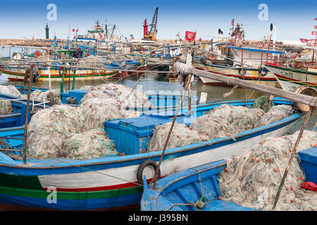 Houmt Souk, Marina, Tunisie, bateaux de pêche, l'île de Djerba, et un chat Banque D'Images