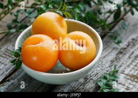 Close-up of fresh prunes jaunes sweet dans un bol en céramique sur une vieille table en bois. Banque D'Images