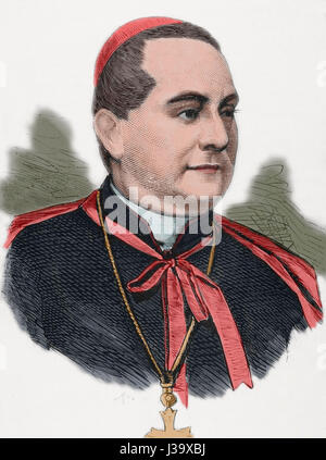 Alessandro Franchi (1819-1878). Le cardinal italien et l'archevêque. Portrait. Gravure de Rico. 'La Ilustracion Espanola y Americana', 1878. De couleur. Banque D'Images