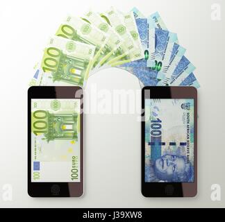 Transfert d'argent mobile international avec téléphone, l'Euro à rand sud-africain. Rendu 3d illustration. Banque D'Images