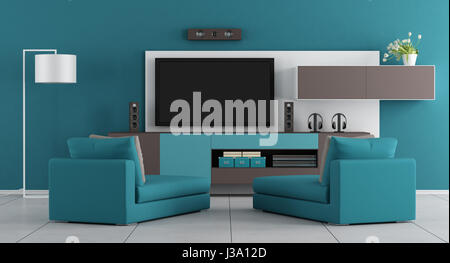 Blue salon avec télévision,unité murale et deux chaise lounge - le rendu 3D Banque D'Images