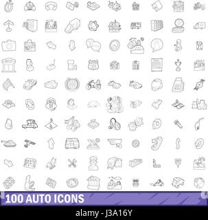 100 icons set auto style du contour, Illustration de Vecteur