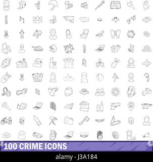 La criminalité 100 icons set style du contour, Illustration de Vecteur